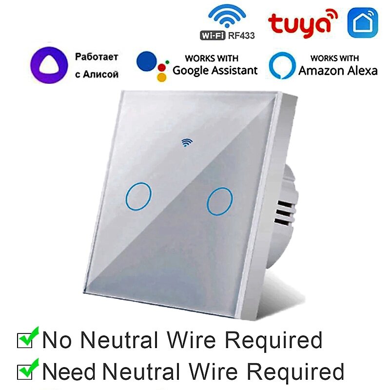 Выключатель двухканальный сенсорный без нейтрального провода Wi-Fi + RF433MHz от компании Alexel - фото 1