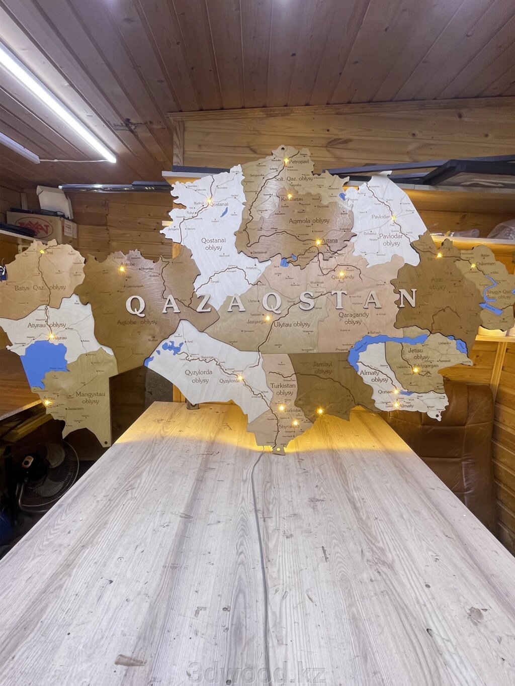 3D - Деревянная Карта Казахстана 250*135см с подсветкой, цвет "орех" - опт