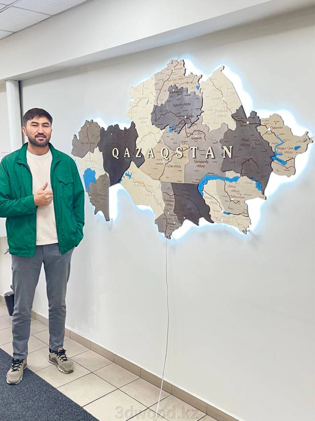 3D- Карта Казахстана с подсветкой из дерева на стену 200*110 см, цвет "графит" - акции