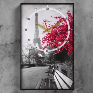 Часы-картина настенные, интерьерные 'Цветущее дерево в Париже'плавный ход, 57 х 35 см