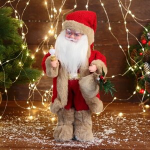 Дед Мороз 'В костюме с коричневым мехом' двигается, с подсветкой, 40 см, красный
