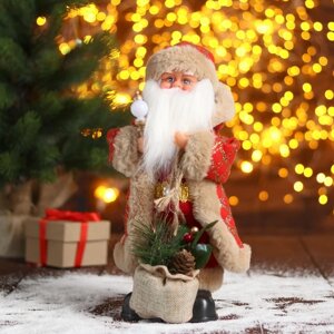 Дед Мороз 'В красной шубке в клетку с подарками' двигается, 30 см