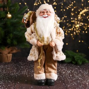Дед Мороз 'В пушистой шубе, колпачке, с подарком' 47 см, бело-золотой