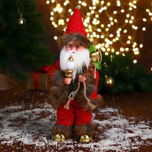 Дед Мороз 'В свитере и шубке с коричневым мехом' двигается, лампа светится, 15х30 см