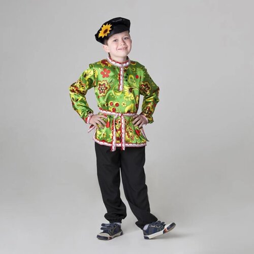 Карнавальная русская рубаха 'Хохлома'атлас, картуз, р. 36, рост 146 см, цвет зелёный