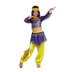 Карнавальный костюм 'Восточная красавица. Шахерезада'топ с рукавами, штаны, повязка, цвет сине-жёлтый, р-р 30, рост