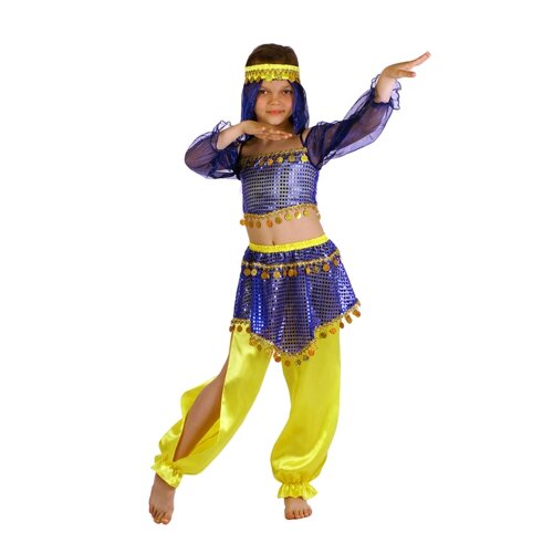 Карнавальный костюм 'Восточная красавица. Шахерезада'топ с рукавами, штаны, повязка, цвет сине-жёлтый, р-р 32, рост