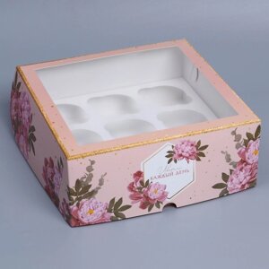 Коробка на 9 капкейков с окном, кондитерская упаковка 'Цветы'25 х 25 х 10 см (комплект из 5 шт.)