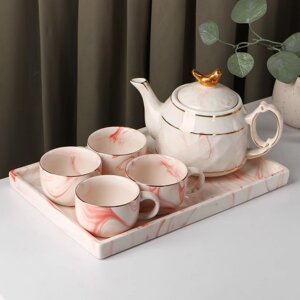 Набор керамический чайный 'Мрамор'6 предметов чайник 800 мл, 4 кружки 170 мл, поднос 31x21x2,5 см, цвет розовый