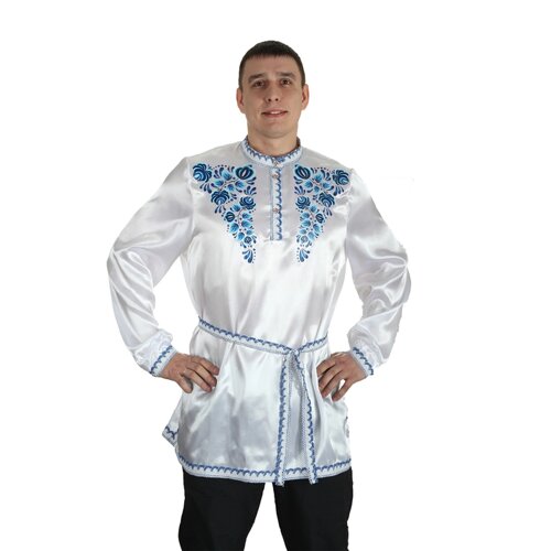 Рубаха русская мужская 'Синие цветы'атлас, р. 4850, цвет белый