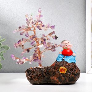 Сувенир бонсай 147 камней 'Хотей с яблоком у дерева с аметистами' 18х13х6 см