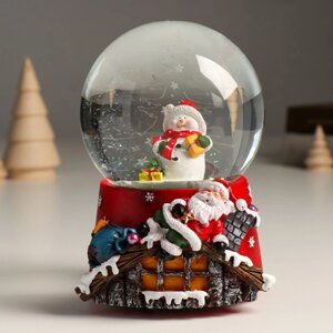 Сувенир полистоун водяной шар музыка механ. Снеговик и спящий Дед Мороз' 11,5х11,5х14 см