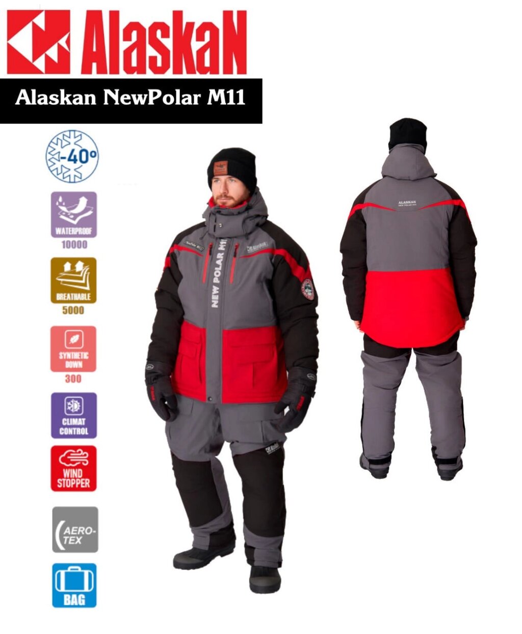 Костюм зимний Alaskan NewPolar M11 L красн/сер/черн (куртка+полукомб.) от компании "Посейдон" товары для рыбалки и активного отдыха - фото 1