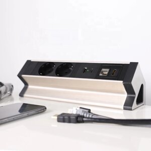 Shelbi Настольный блок на 2 розетки 200B, USB, Type-C, RJ45, HDMI чёрный-серебро