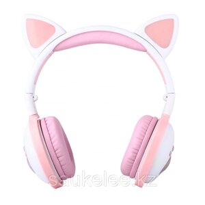 Беспроводные детские наушники Bluetooth с светящимися ушками розовые