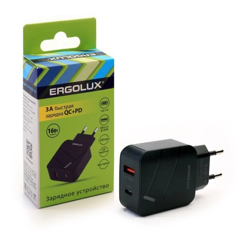 Адаптер сетевой ELX-р a01QC-C02 1USB+1type C 100-220в 5-9в/3а QC коробка черн. ergolux 15108 - ООО «Магнат-экспорт»