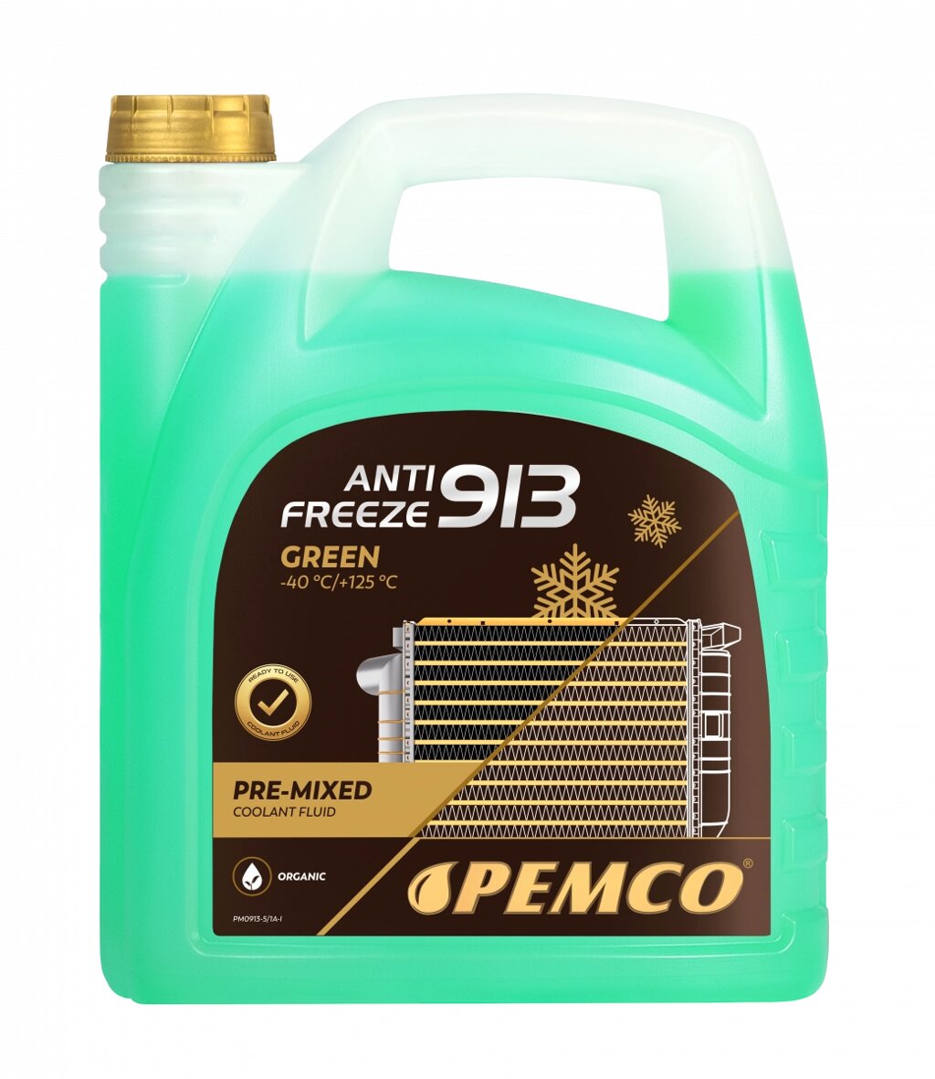 PEMCO охлаждающая жидкость антифриз ANTIFREEZE 913 (40oC)/ 913+ (40oC) 5 литров (зеленый AG 13; желтый AG13+SAE - описание
