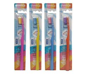 Зубная щетка Dentica (средняя), 4 разных сочетания ярких цветов щетины и ручки