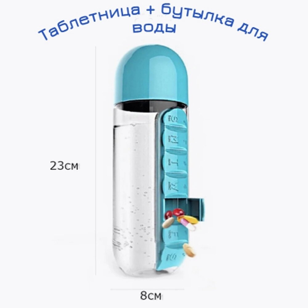 Бутылка для воды со встроенной таблетницей (Голубая) - розница