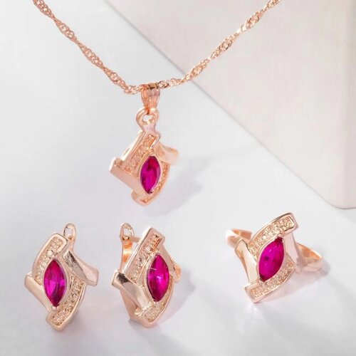 Гарнитур 3 предмета серьги, кулон, кольцо 'Эдель' ромб совершенство, цвет красно-розовый в золоте, 45см
