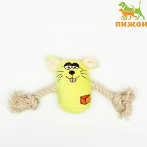 Игрушка мягкая для собак 'Веселая мышка' с канатом и пищалкой, 20 х 13 см, жёлтая