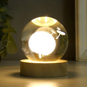 Сувенир стекло подсветка 'Одуванчик' d6 см подставка дерево, USB 6,5х6,5х7,5 см