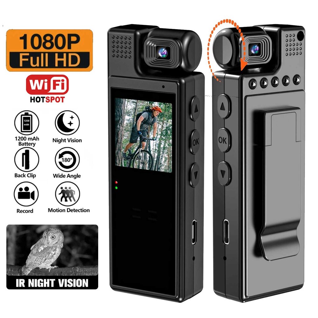 Экшен-камера с экраном нательная L9 Body-Cam 1080P с вращающимся объективом на 180°Wi-Fi) - опт