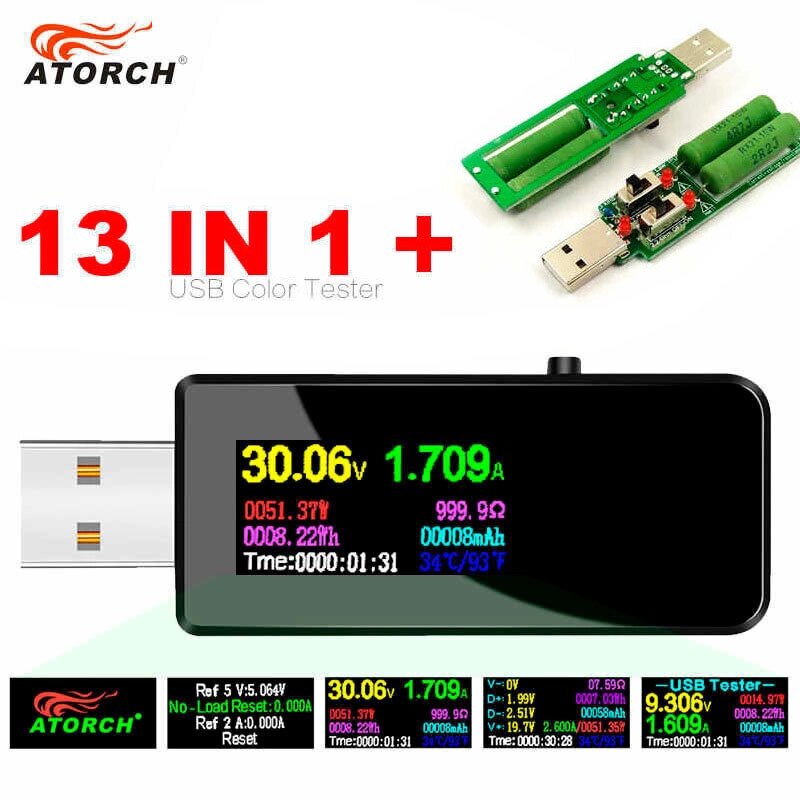 Цифровой USB тестер-вольтамперметр 13-в-1 U96 с OLED дисплеем ATORCH (USB-тестер + 3А нагрузка + 2Х кабель "Аллигатор" - розница