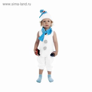 Детский карнавальный костюм "Снеговик с голубым шарфом", велюр, комбинезон, шапка, шарф, рост 68-98 см