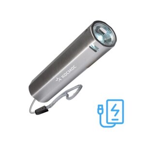 Фонарь аккумуляторный КОСМОС, ручной LED 1Вт линза АКБ, Li-ion 18650 1.2А. ч, Power-bank USB-шнур ABS-пластик
