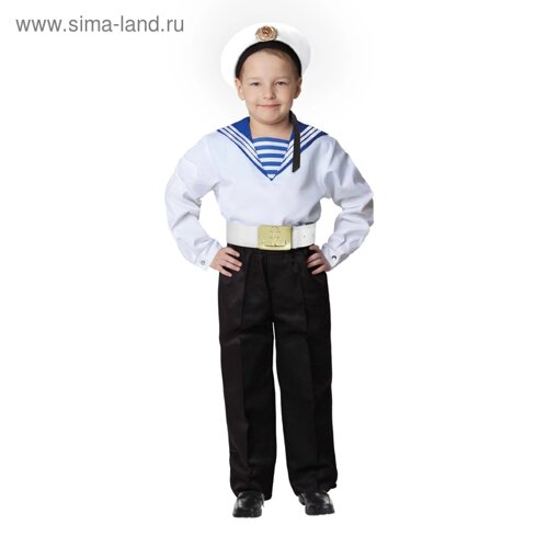 Карнавальный костюм «Моряк в бескозырке» для мальчика, белая фланка, брюки, ремень, р. 34, рост 134 см