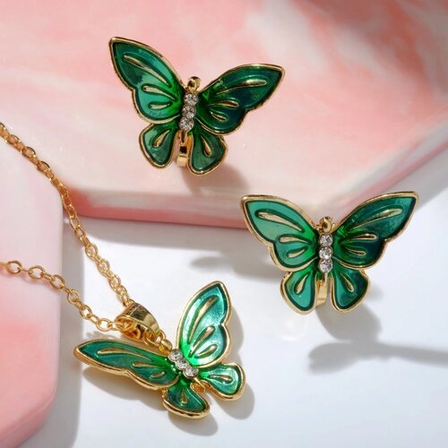 Набор «Выбражулька» 2 предмета: клипсы, кулон, бабочки весенние, цвет зелёный в золоте