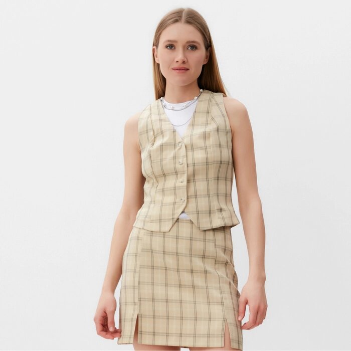 Жилет женский MINAKU: Casual Collection цвет клетка бежевая, р-р 50 - выбрать