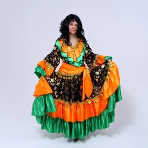 Русский костюм женский"Цыганка"оранжево-зеленая, блузка, юбка, косынка, парик,р-р 44-46 рост170