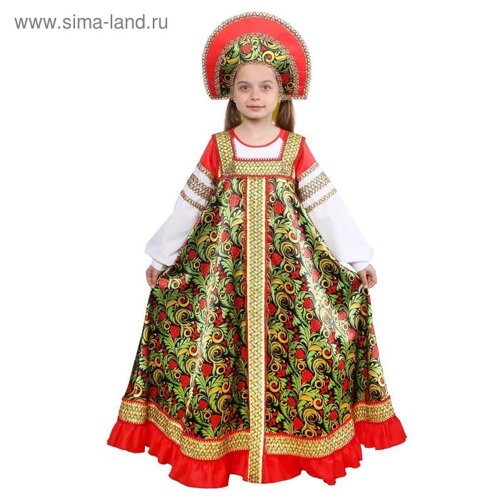 Русский народный костюм «Рябинушка», платье длинное, кокошник, бомбоны на шнурке, р. 32, рост 122-128 см