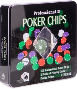 Набор "Покер" в металлической банке (100 фишек с номиналом 4 гр.,2 колоды карт)