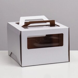 Коробка под торт 2 окна, с ручками, белая, подложка 2,5 золото-белый, 24 х 24 х 20 см