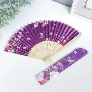 Веер бамбук, текстиль h21 см 'Цветы' с чехлом, фиолетовый