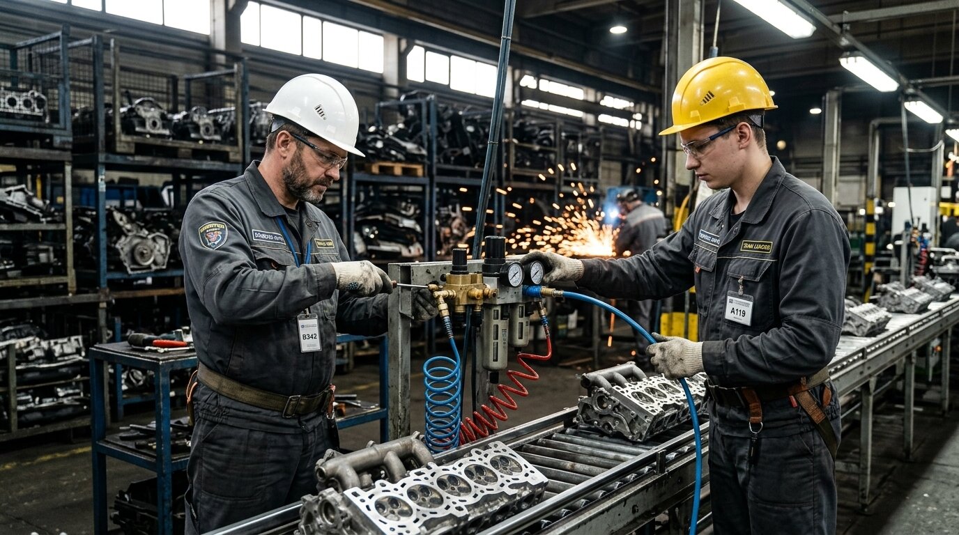 Рабочие на заводе настраивают блочный пневморегулятор на линии сборки автозапчастей