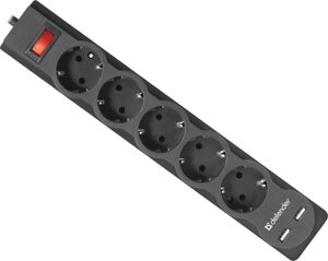 Сетевой фильтр Defender DFS-753, 5 розеток, 3м, 2xUSB, Black
