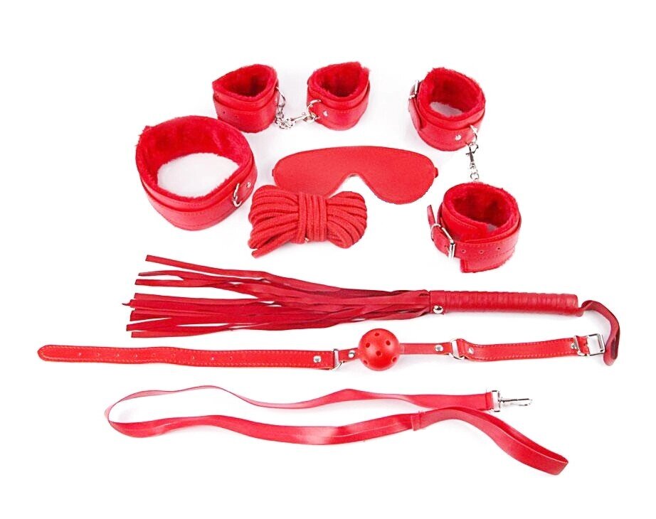 Фетиш набор красный (наручники, наножники, маска, кляп, плеть, ошейник с поводком, верёвка) от компании Секс шоп "More Amore" - фото 1