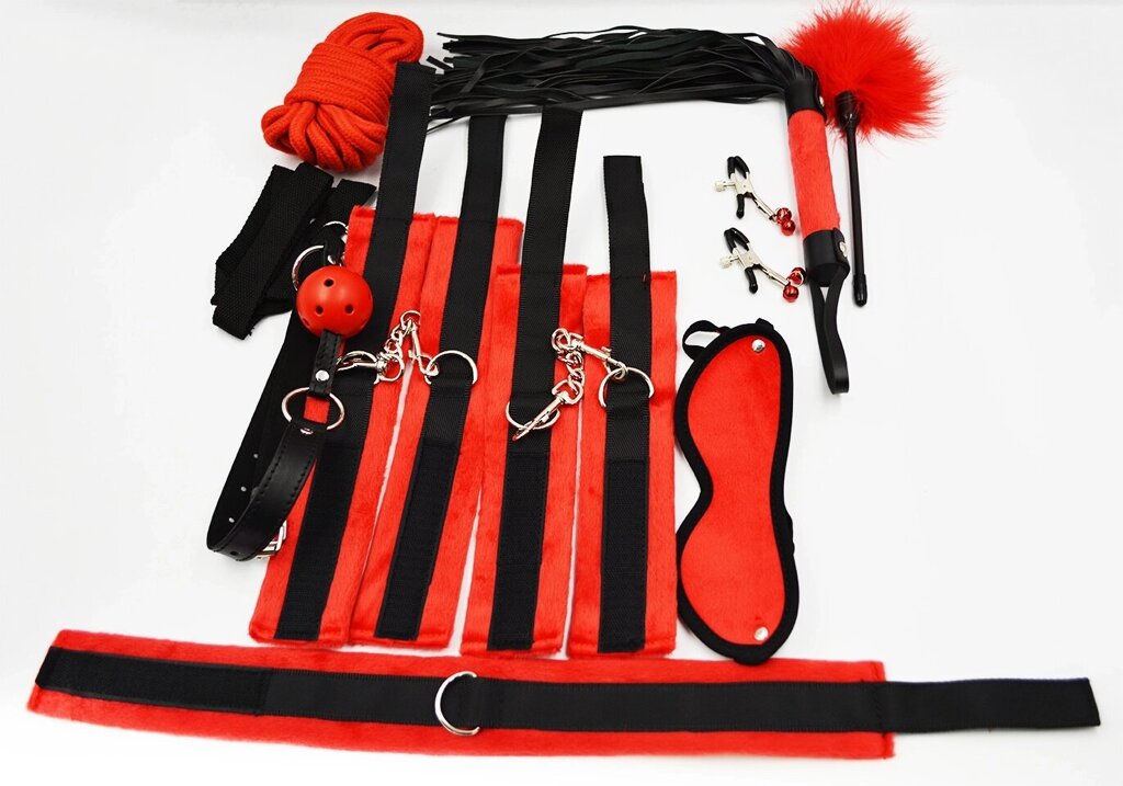 Фетиш набор Red passion красный (наручники, оковы для ног, зажимы, тиклер, маска, ошейник, флоггер, канат, кляп, стек) от компании Секс шоп "More Amore" - фото 1