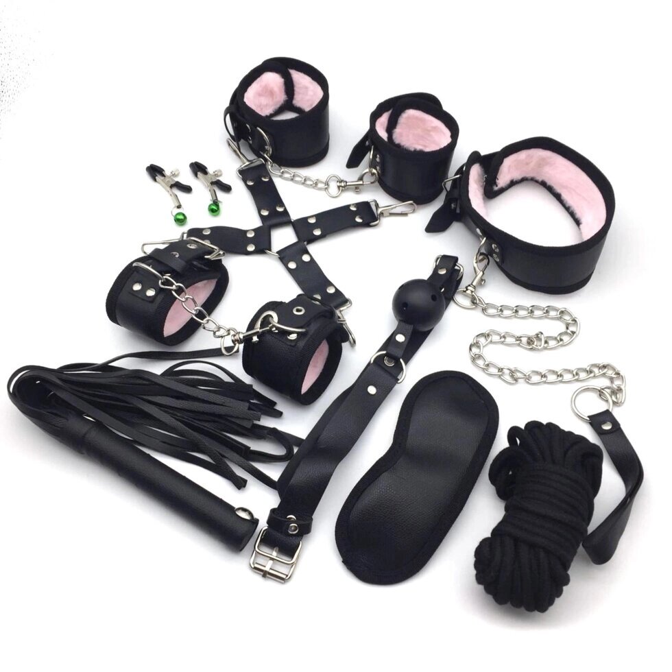 Набор БДСМ черно-розовый (наручники, оковы, маска, кляп, плеть, ошейник с поводком, верёвка, фиксатор, зажимы для сосков от компании Секс шоп "More Amore" - фото 1