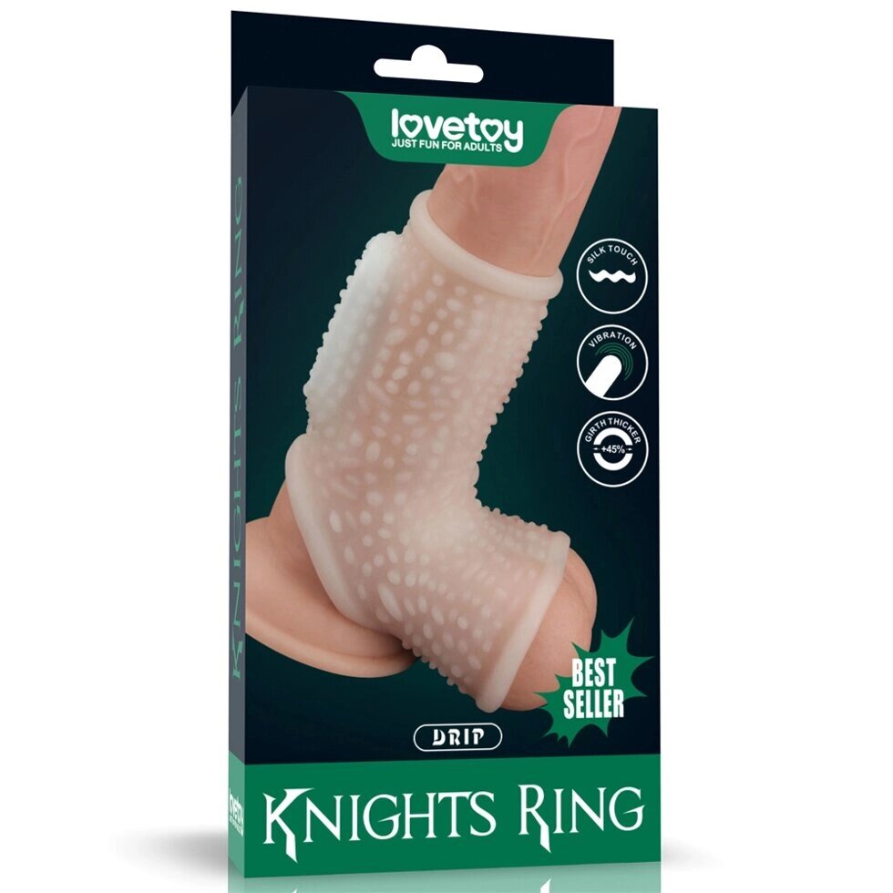 Насадка на пенис с вибрацией с рукавом для мошонки Drip Knights Ring  (13,3*2,8) от компании Секс шоп "More Amore" - фото 1