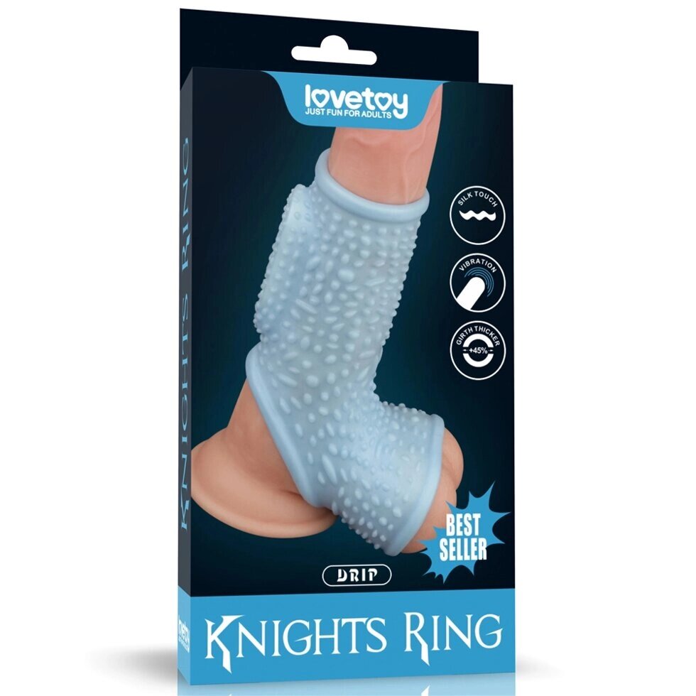 Насадка на пенис с вибрацией с рукавом для мошонки Drip Knights Ring голубая (13,3*2,8) от компании Секс шоп "More Amore" - фото 1