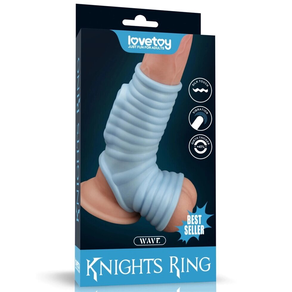Насадка на пенис с вибрацией с рукавом для мошонки Wave Knights Ring голубая (14,4*2,8) от компании Секс шоп "More Amore" - фото 1