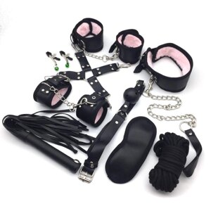 Набор БДСМ черно-розовый (наручники, оковы, маска, кляп, плеть, ошейник с поводком, верёвка, фиксатор, зажимы для сосков в Алматы от компании Секс шоп "More Amore"
