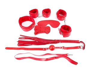 Фетиш набор красный (наручники, наножники, маска, кляп, плеть, ошейник с поводком, верёвка)