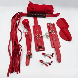 Фетиш набор красный 6 предметов ( маска, канат, плеть, кляп, зажимы, наручники)