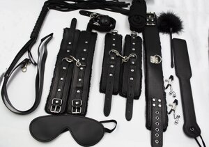 Фетиш набор черный 10 предметов (зажимы, тиклер, наручники, оковы для ног, ошейник, флоггер, кляп, маска, канат, бондаж)